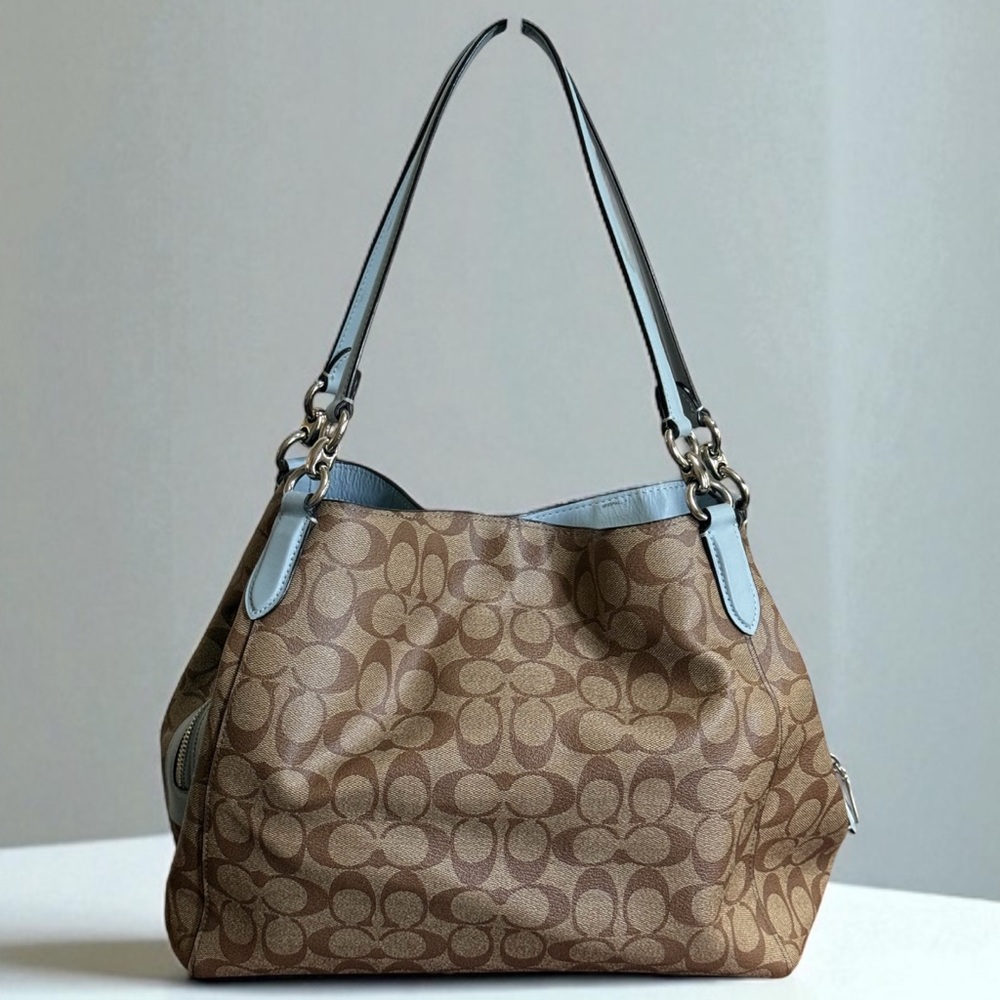 Authentic Coach Hallie Brown Lt Blue Signature Hobo Shoulder Bag - Picture 4 of 16